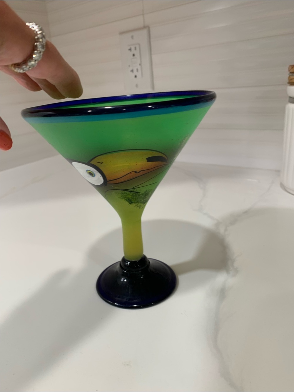 Green and blue Toucan Glass Martini Glass Drinkware or Decorative Home Accent